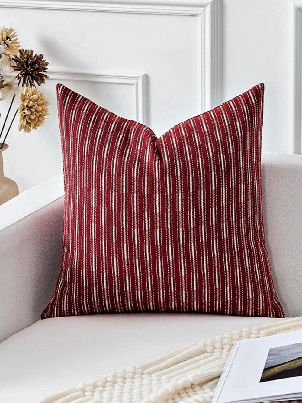 Red Striped Throw Pillow Covers  Woven Texture Burlap 18x18 inches Pack of 2